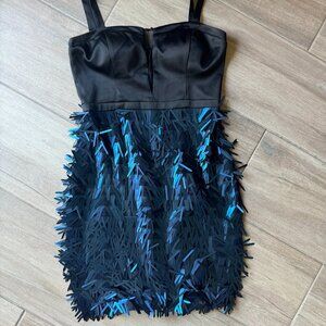 NWT - Guess Black Satin & Blue Sequin Fringe Mesh Bodycon Dress Size 6